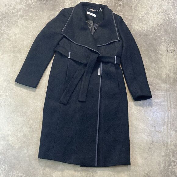 Calvin Klein Trench Coat Womens 10 Black Belted Wool Blend Mid Length - Picture 1 of 11